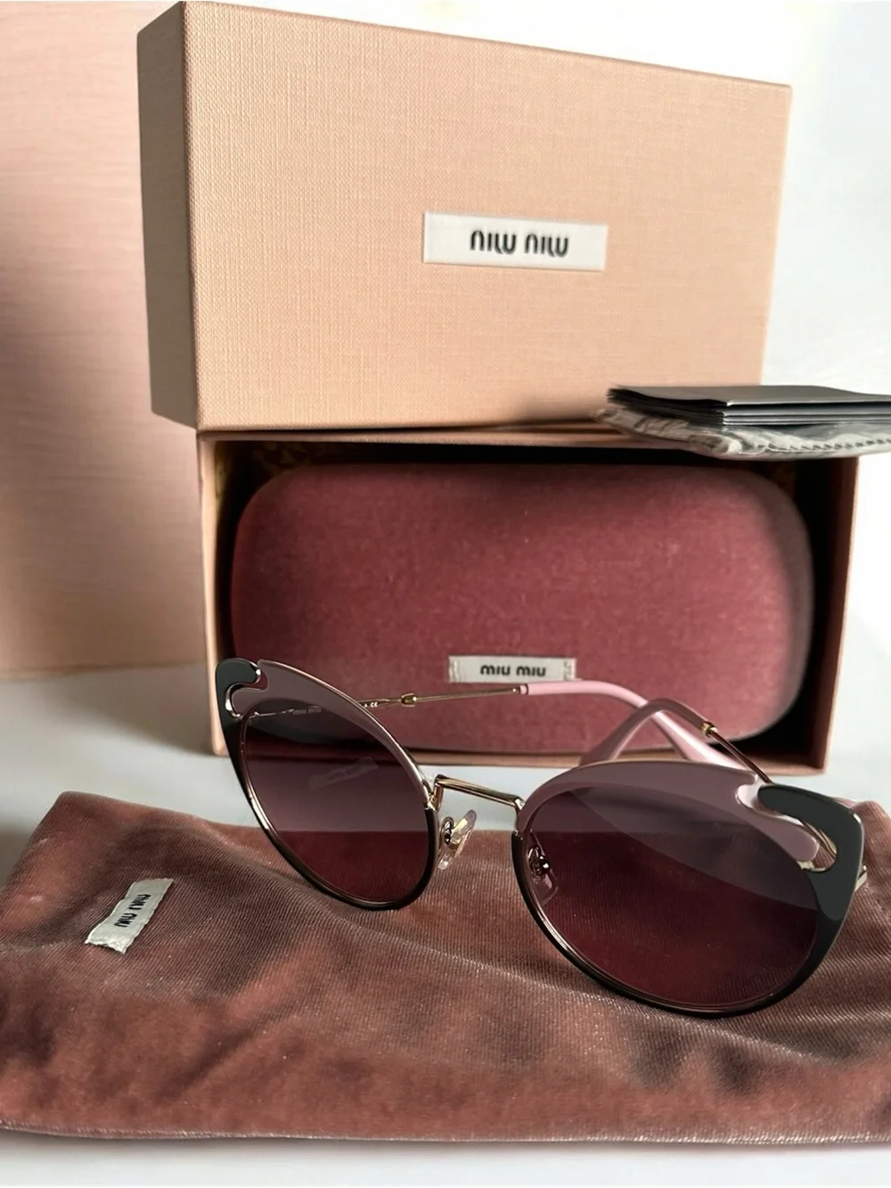 Miu Miu MU 57TS Noir Evolution Cat Eye Sunglasses Pink Gold Full Set